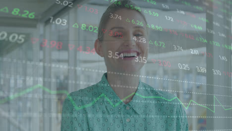Animation-of-stock-market-data-processing-against-caucasian-woman-smiling-at-office