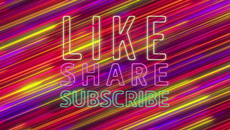 Animation-of-like-share-subscribe-text-banner-against-colorful-light-trails-in-seamless-pattern