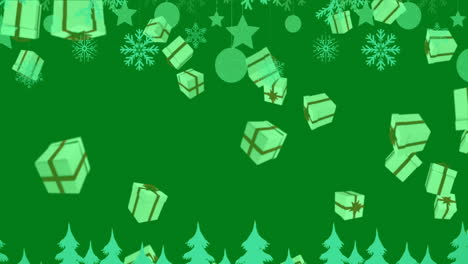 Animation-of-christmas-presents-and-decorations-on-green-background