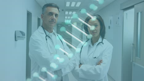 Animation-of-dna-structure-spinning-over-diverse-male-and-female-doctors-standing-at-hospital