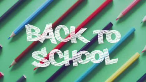 Animation-of-back-to-school-text-over-pencils-on-green-background
