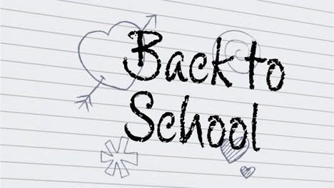 Animation-of-back-to-school-text-over-drawings-on-ruled-paper