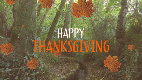 Animation-of-happy-thanksgiving-text-over-autumn-leaves-and-forest