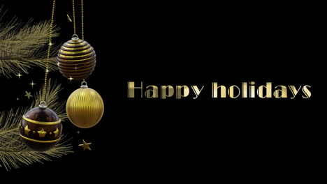Happy-holidays-text-in-gold-with-black-and-gold-christmas-baubles-and-stars-on-black-background