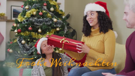 Animation-of-frohe-weihnachten-text-against-biracial-woman-giving-christmas-gifts-to-her-family
