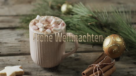 Frohe-weihnachten-text-over-hot-chocolate-with-marshmallows-and-christmas-decorations-on-wood