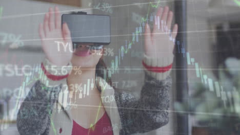 Animation-of-multiple-graphs-and-trading-board-over-caucasian-girl-using-vr-headset-at-home