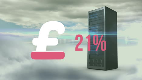 Animation-of-pound-currency-sign-filling-up-with-pink-over-computer-server