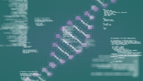 Animation-of-data-processing-and-dna-structure-spinning-over-grid-network-against-green-background