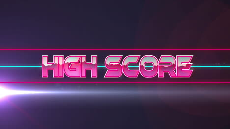 Animation-of-high-score-text-over-neon-banner-and-light-spot-against-black-background