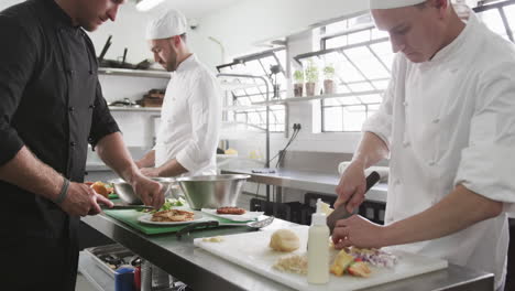 Group-of-focused-diverse-male-chefs-preparing-meals-in-kitchen,-slow-motion