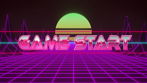 Animation-of-game-start-text-banner-over-grid-network-and-metaverse-structures-in-seamless-pattern