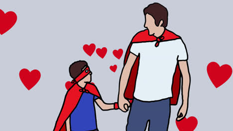 Animation-of-superhero-father-and-son-icons-and-hearts-on-gray-background