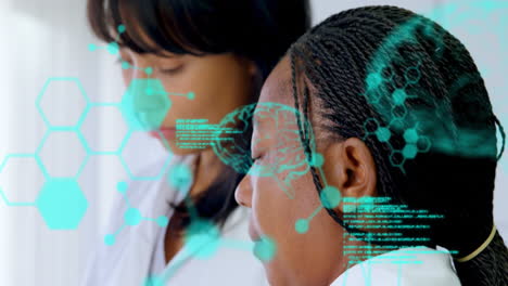 Animation-of-medical-data-processing-over-two-diverse-female-scientists-working-at-laboratory