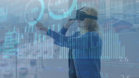 Animation-of-multiple-graphs-and-trading-board-over-caucasian-woman-gesturing-while-using-vr-headset