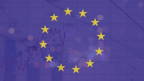 Animation-Von-Sich-Drehenden-Kreisen-Auf-Der-EU-Flagge-Und-Statistische-Datenverarbeitung-Im-Nächtlichen-Stadtverkehr