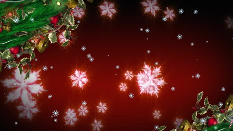 Animation-of-christmas-decorations-over-glowing-snowflakes-against-red-background-with-copy-space