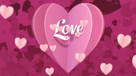 Animation-of-heart-with-love-text-over-multiple-pink-hearts-on-pink-background