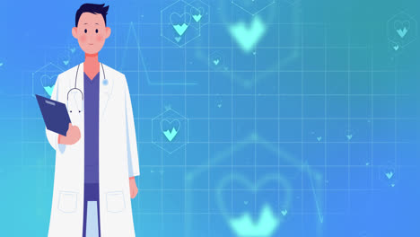 Animation-Medizinischer-Symbole-Mit-Arzt-Mit-Zwischenablage-Auf-Blauem-Hintergrund