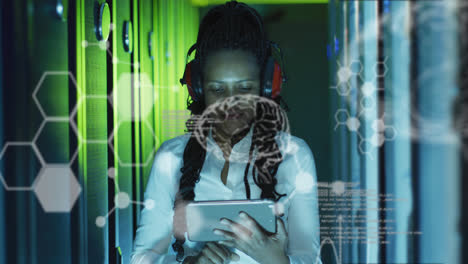 Animation-of-data-processing-over-african-american-female-worker-in-server-room