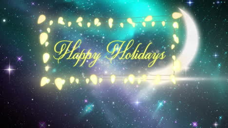 Animation-of-happy-holidays-text-over-fairy-lights-banner-against-shining-stars-in-space