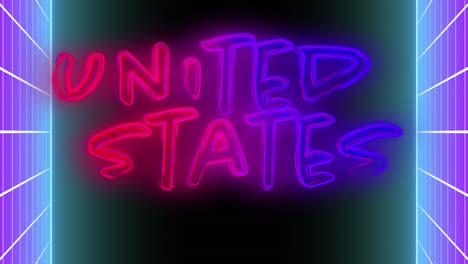 Animation-Des-Neontextes-Der-Vereinigten-Staaten-über-Einem-Gitter-Auf-Schwarzem-Hintergrund