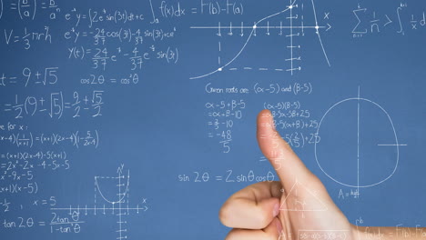 Animation-of-mathematical-equations-floating-against-close-up-of-a-hand-showing-thumbs-up
