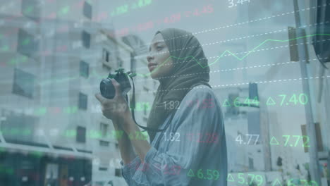 Animation-Der-Datenverarbeitung-über-Einer-Frau-Im-Hijab,-Die-Mit-Einer-Digitalkamera-Auf-Der-Straße-Bilder-Macht