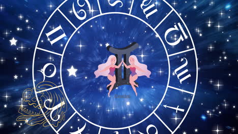Animation-of-gemini-star-sign-in-zodiac-wheel-on-starry-night-sky