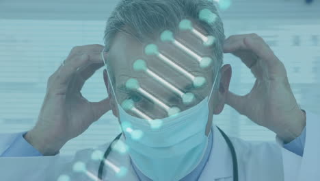 Animation-Einer-DNA-Struktur,-Die-Sich-über-Einem-Kaukasischen-Arzt-Dreht,-Der-Im-Krankenhaus-Eine-OP-Maske-Trägt