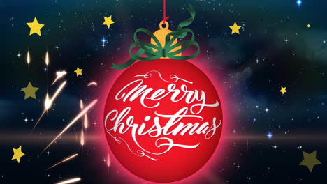 Animation-of-merry-christmas-text-over-hanging-bauble-deocration-against-shining-stars-in-space