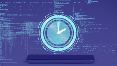 Animation-of-neon-ticking-clock-and-data-processing-over-smartphone-against-blue-background