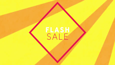 Animation-of-flash-sale-text-in-rhombus-over-stripes-against-yellow-background