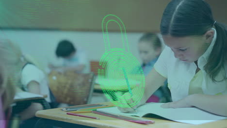 Animation-of-security-padlock-icon-against-biracial-girl-studying-in-the-class-at-school