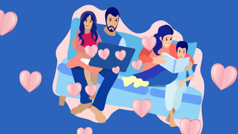 Animation-of-family-using-laptop-and-reading-icons-and-hearts-on-blue-background
