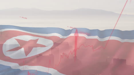 Animación-De-Flechas-Rojas-Y-Bandera-De-Corea-Del-Norte-Sobre-La-Ciudad