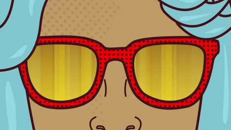 Animation-of-woman's-face-with-sunglasses-over-retro-pattern-on-blue-background