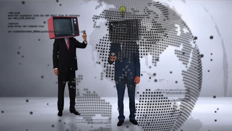 Animation-of-caucasian-men-with-tv-instead-of-heads-over-globe-and-data