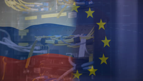 Animation-Der-Flaggen-Der-EU-Und-Russlands-über-Dem-Serverraum