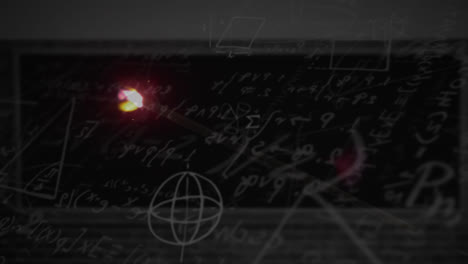 Animation-of-fire-over-mathematical-equations-and-diagrams-against-black-background