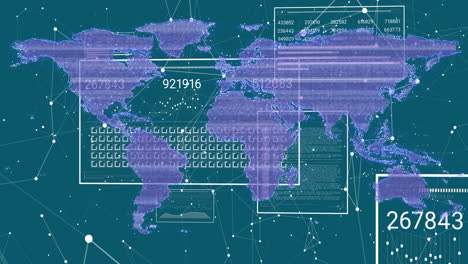 Animation-Eines-Netzwerks-Von-Verbindungen-Und-Schnittstellen-Mit-Datenverarbeitung-Vor-Einer-Weltkarte