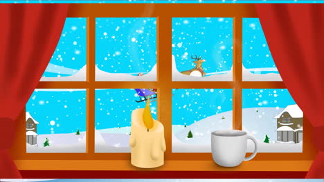 Animation-of-window-over-winter-landscape-with-snata-claus-in-sleigh-with-reindeer-at-christmas