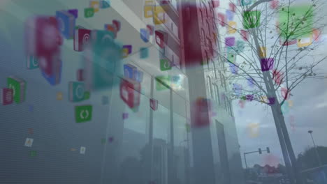 Animation-of-multiple-digital-icons-floating-against-low-angle-view-of-tall-building