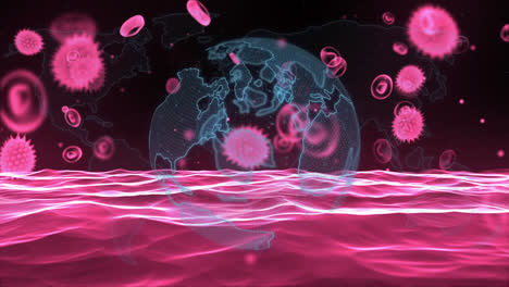 Animation-of-covid-19-cells-floating-over-spinning-globe-against-pink-digital-wave