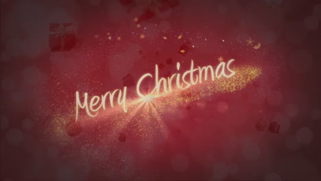 Animation-Leuchtender-Sterne,-Die-Sich-über-Ein-Fröhliches-Weihnachtstextbanner-Und-Einen-Lichtpunkt-Auf-Rotem-Hintergrund-Bewegen