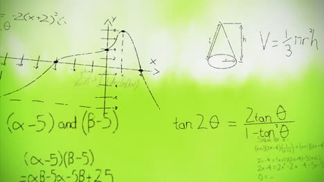 Animation-Mathematischer-Gleichungen-Und-Diagramme,-Die-Vor-Einem-Grünen-Hintergrund-Mit-Farbverlauf-Schweben