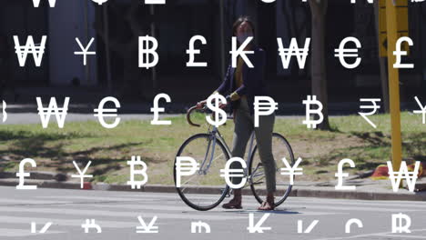 Animation-of-global-currency-symbols-over-asian-woman-in-face-mask-wheeling-bike-in-street