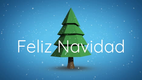 Animation-Des-Textes-„Felix-Navidad“-Und-Schneefall-über-Einem-Sich-Drehenden-Weihnachtsbaum-Auf-Blauem-Hintergrund