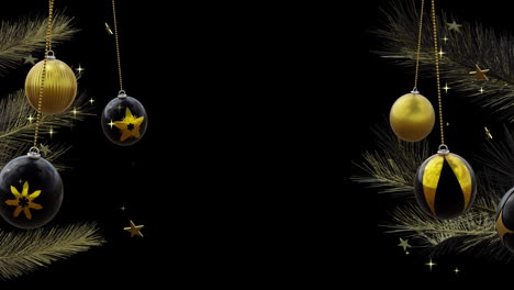 Black-and-gold-baubles-swinging-on-two-christmas-trees-with-gold-stars-on-black,-copy-space