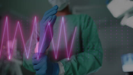 Animation-of-heart-rate-monitor-against-mid-section-of-male-surgeon-wearing-surgical-gloves